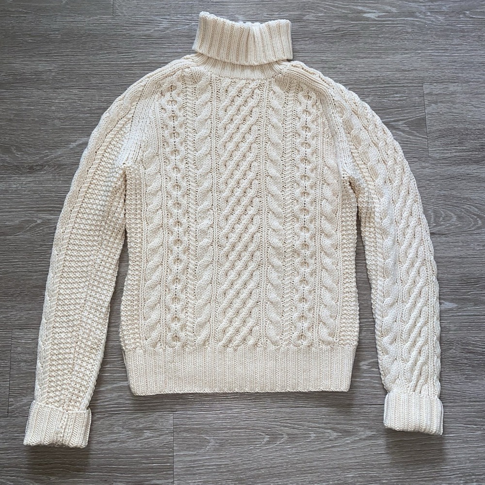 J. Crew Chunky Cable Knit Turtleneck Sweater Women's M? Ivory Wool Blend READ